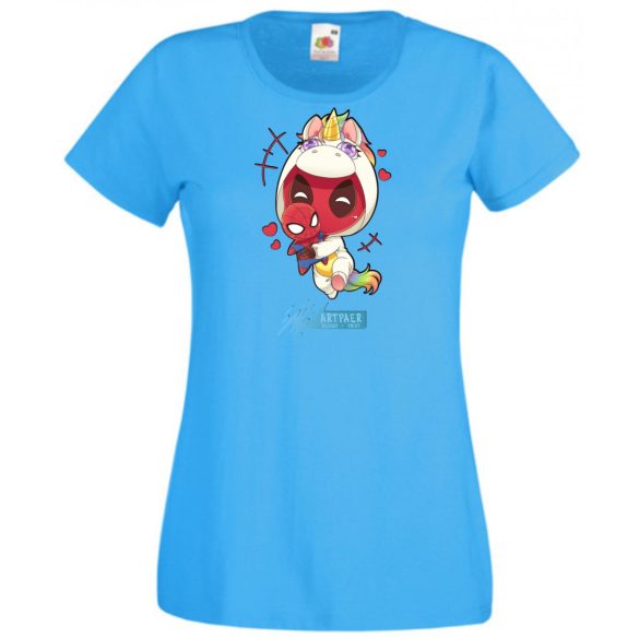 Humor - Kicsi Hősök - Deadpool Unikornis jelmezben pókember babával női rövid ujjú póló