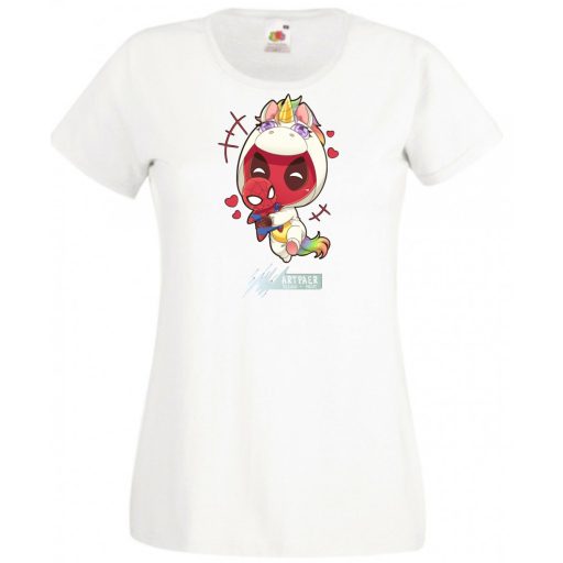 Humor - Kicsi Hősök - Deadpool Unikornis jelmezben pókember babával női rövid ujjú póló