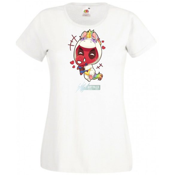 Humor - Kicsi Hősök - Deadpool Unikornis jelmezben pókember babával női rövid ujjú póló