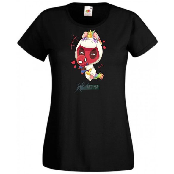 Humor - Kicsi Hősök - Deadpool Unikornis jelmezben pókember babával női rövid ujjú póló