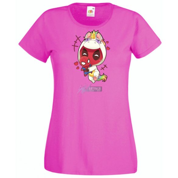 Humor - Kicsi Hősök - Deadpool Unikornis jelmezben pókember babával női rövid ujjú póló