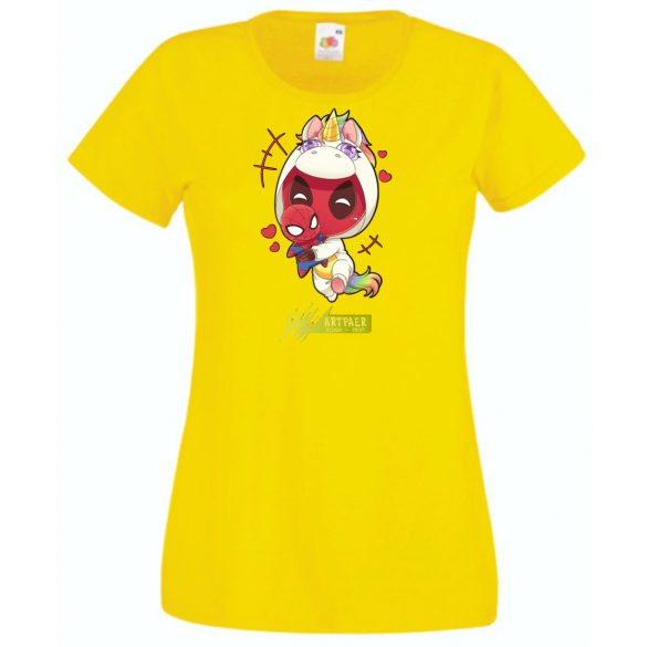 Humor - Kicsi Hősök - Deadpool Unikornis jelmezben pókember babával női rövid ujjú póló
