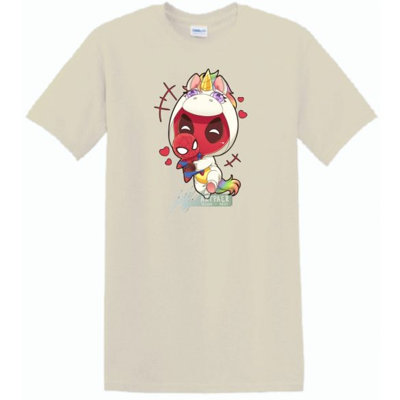 Humor - Kicsi Hősök - Deadpool Unikornis jelmezben pókember babával férfi rövid ujjú póló