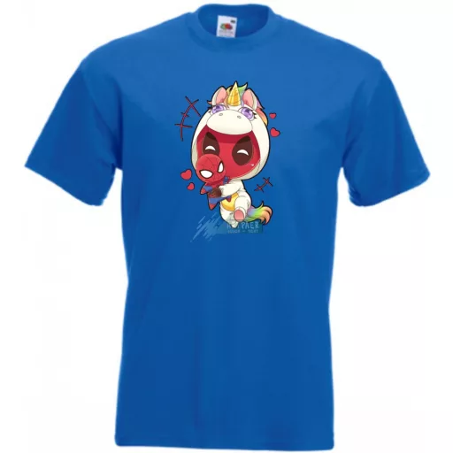 Humor - Kicsi Hősök - Deadpool Unikornis jelmezben pókember babával férfi rövid ujjú póló