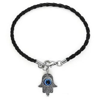Fekete színű fonott bőr karkötő Hamsa charm-mal