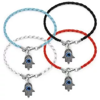 Fekete színű fonott bőr karkötő Hamsa charm-mal