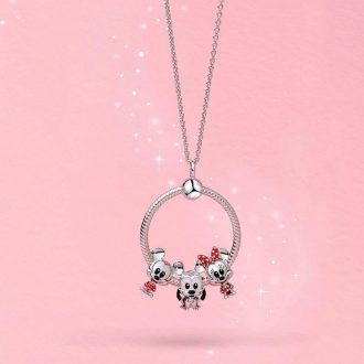   Ezüstözött nyaklánc pandora stílusú, egérke és kutyus charm-os medállal