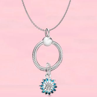   Ezüstözött nyaklánc pandora stílusú, virág, charm-os medállal