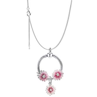   Ezüstözött nyaklánc pandora stílusú, virágok , 3 charm-os medállal