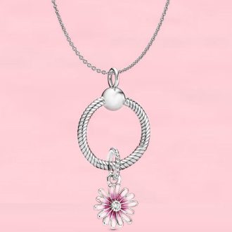   Ezüstözött nyaklánc pandora stílusú, virág, charm-os medállal