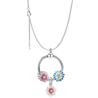  Ezüstözött nyaklánc pandora stílusú, virágok , 3 charm-os medállal