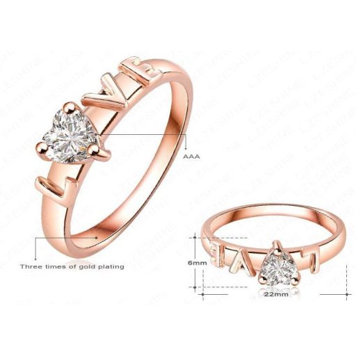 18k rózsa aranyozott gyűrű LOVE mintás CZ kristály gyűrű