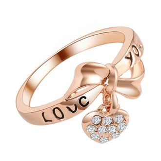   18k rózsa aranyozott gyűrű LOVE, szivecskés fityegő mintás CZ kristály gyűrű