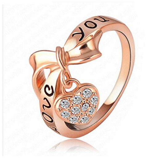 18k rózsa aranyozott gyűrű LOVE, szivecskés fityegő mintás CZ kristály gyűrű