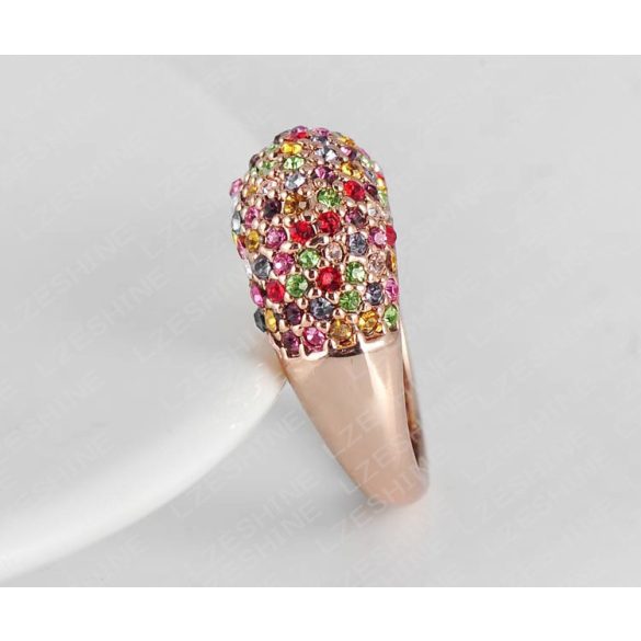 Apró, színes kristályokkal díszített, rózsaarannyal futtatott gyűrű