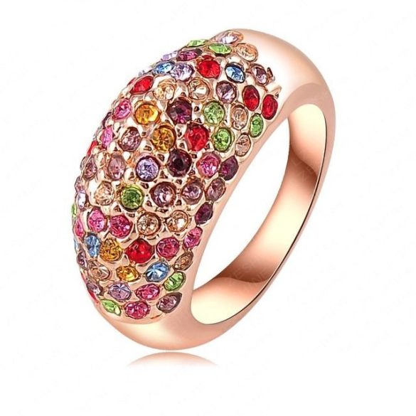 Apró, színes kristályokkal díszített, rózsaarannyal futtatott gyűrű