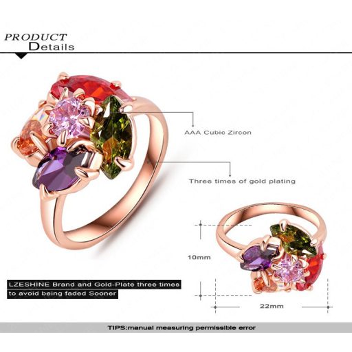 Rózsa aranyozott színes AAA CZ kristályos gyűrű