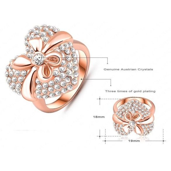 Rózsaaranyozott szív forma masnival átkötve mintás gyűrű cirkónium Austria kristály