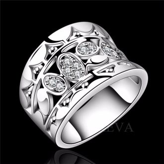   Ezüstözött gyűrű apró cirkónium kristályokkal, levélforma csipkézett minta