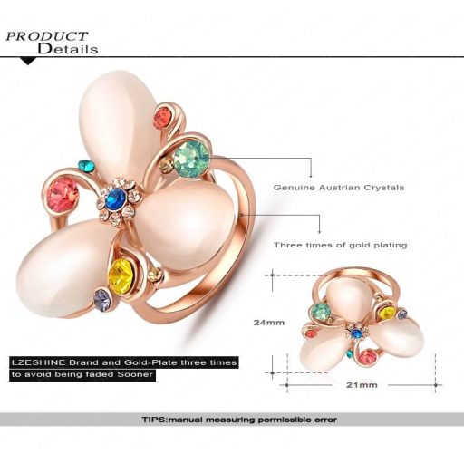 Látványos party gyűrű holdkővel és színes kristályokkal virágformában