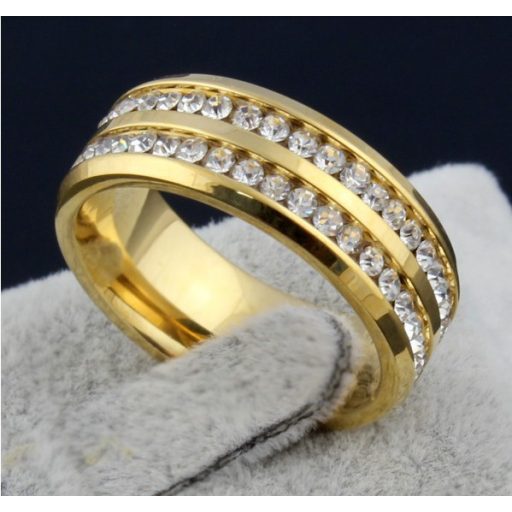 18K aranyozott 316L acél gyűrű 2 soros kristállyal