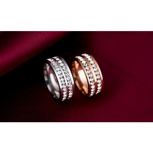 Rózsa aranyozott 316L acél gyűrű 2 soros kristállyal