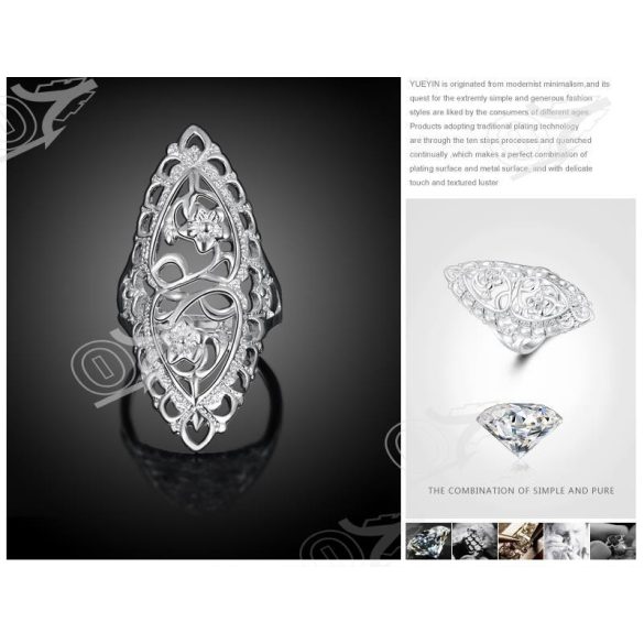 Ezüstözött kacskaringós, csipkézett virágmintás gótikus stílusú gyűrű