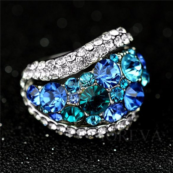 Rhodium platted gyűrű Austria CZ kék és áttetsző kristályok