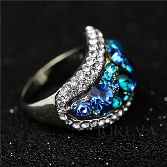   Rhodium platted gyűrű Austria CZ kék és áttetsző kristályok