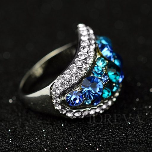 Rhodium platted gyűrű Austria CZ kék és áttetsző kristályok