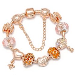   Pandrea karkötő - rózsaarany és aranyszínű charm - méhkaptár - méhecske - szívek - Pandora stílusú karkötő