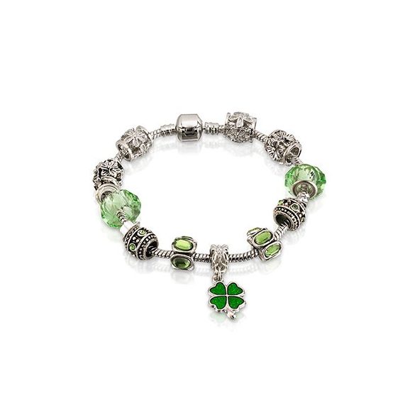 Csillogó zöld kristályos üveg, lóhere függővel, fém charm Pandora stílusú karkötő