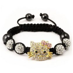   Karkötő cirkónium kristályos Hello Kitty fej fehér shamballa gömbökkel - állítható méretű