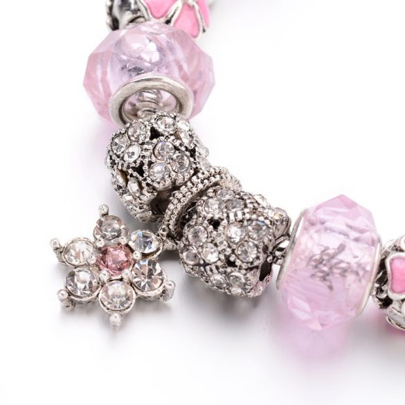 Rózsaszín csillogó virágos függő charm Pandora stílusú karkötő