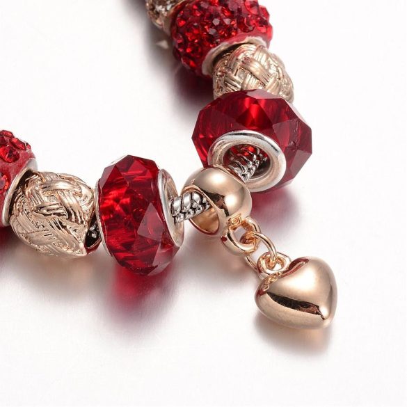 Piros, szikrázó charm aranyszívvel, Pandora stílusú karkötő