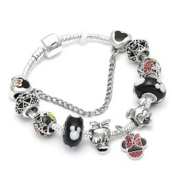   Ezüstözött fekete üveg és fém mesés charm Pandora stílusú karkötő