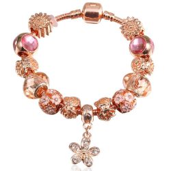   Rózsa aranyozott, virágos, rózsaszín kristályos üveg és fém charm Pandora stílusú karkötő
