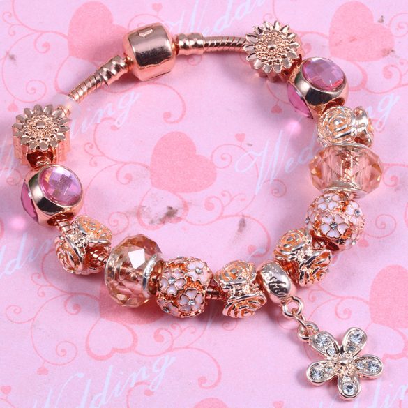 Rózsa aranyozott, virágos, rózsaszín kristályos üveg és fém charm Pandora stílusú karkötő