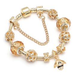   Aranyozott szíves, méhes, pezsgő kristályos üveg és fém charm Pandora stílusú karkötő