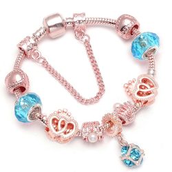   Rózsaarany színű csillogó kék kristályos üveg és fém charm Pandora stílusú karkötő