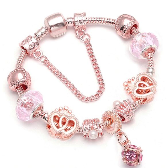 Rózsaarany színű csillogó rózsaszín kristályos üveg és fém charm Pandora stílusú karkötő