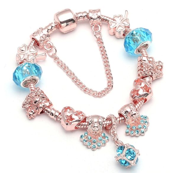 Rózsaarany színű pávás kék kristályos üveg és fém charm Pandora stílusú karkötő