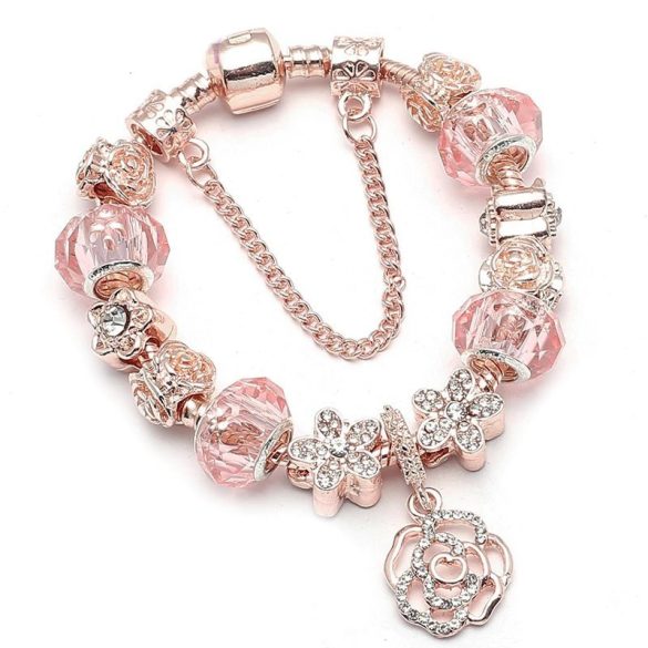 Rózsaarany színű rózsaszín rózsás kristályos üveg és fém charm Pandora stílusú karkötő