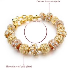   Aranyozott kristályos üveg és fém charm Pandora stílusú karkötő