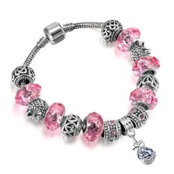   Ezüstözött, halvány rózsaszín kristályos fém charm Pandora stílusú karkötő