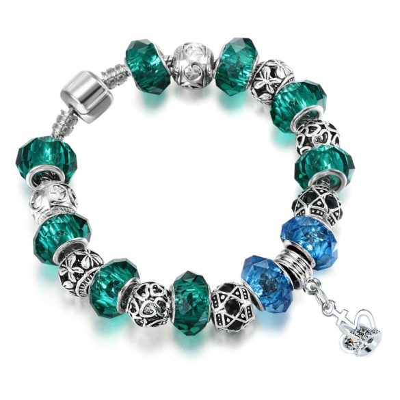 Ezüstözött kék és türkiz üvegkristályos fém charm Pandora stílusú karkötő