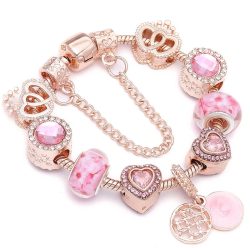   Rózsaarany színű csillogó rózsaszín üvegkristály és fém charm Pandora stílusú karkötő
