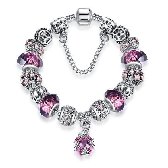 Ezüstözött lila kristályos fém charm Pandora stílusú karkötő