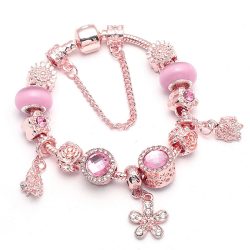   Rózsaarany színű - csillogó rózsaszín kristályos üveg charmok - virágmintás és virágcsokor függók - Pandora stílusú karkötő