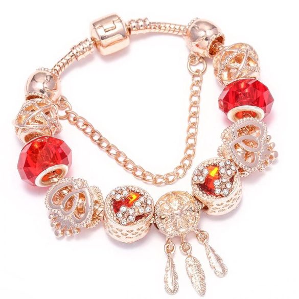 Rózsaarany színű piros kristályos üveg és fém szív koronás, álomőrző charm Pandora stílusú karkötő
